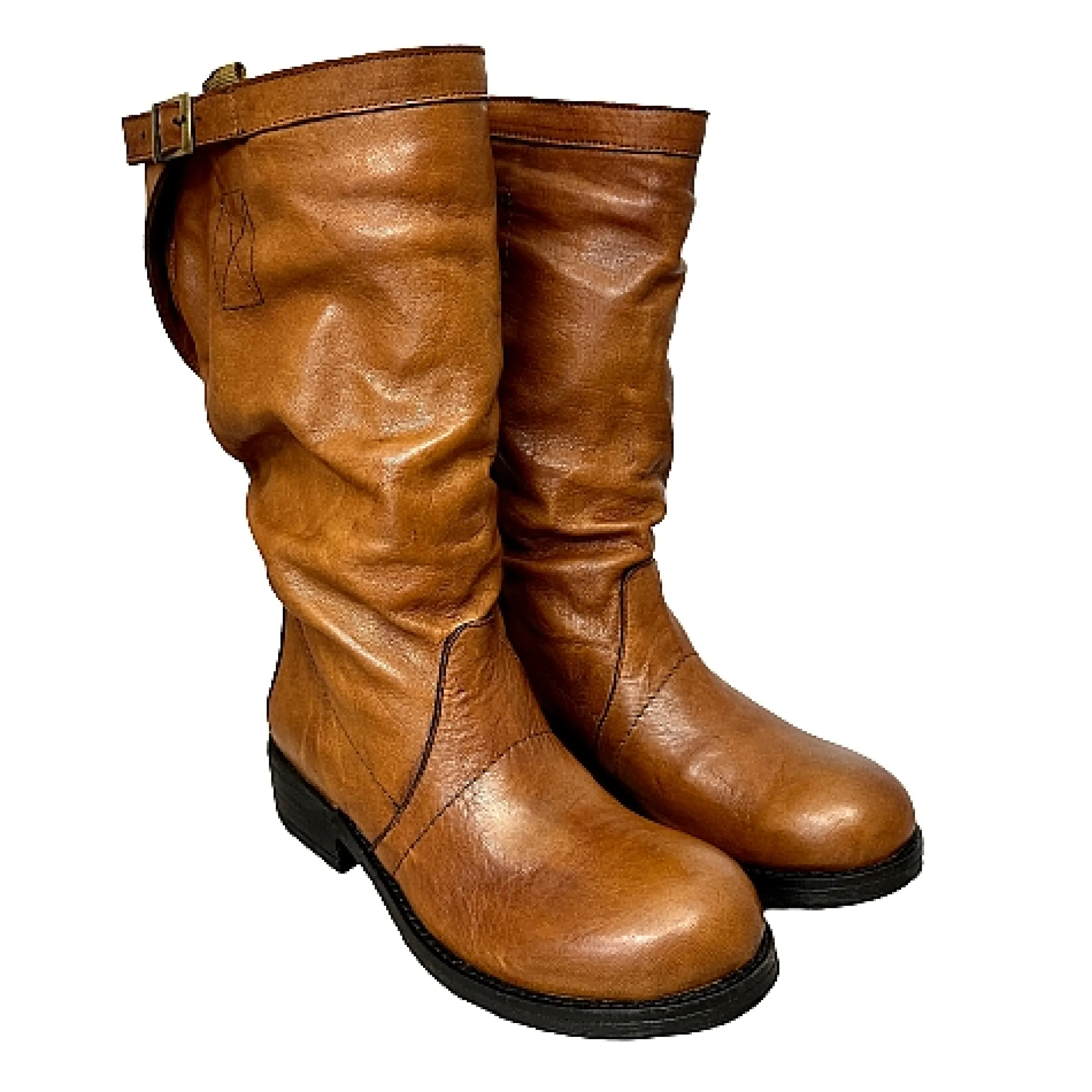 Scarpe di Maremma Biker Medio Artigianale In Pelle Tuffata Cuoio*Donna Stivali