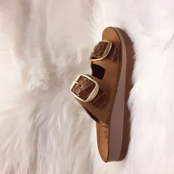 Scarpe di Maremma Ciabatta Doppia Fibbia In Pelle Cocco Cognac*Donna Sandali & Ciabatte