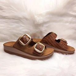Scarpe di Maremma Ciabatta Doppia Fibbia In Pelle Cocco Cognac*Donna Sandali & Ciabatte