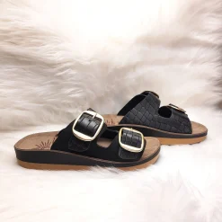 Scarpe di Maremma Ciabatta Doppia Fibbia In Pelle Cocco Nera*Donna Sandali & Ciabatte