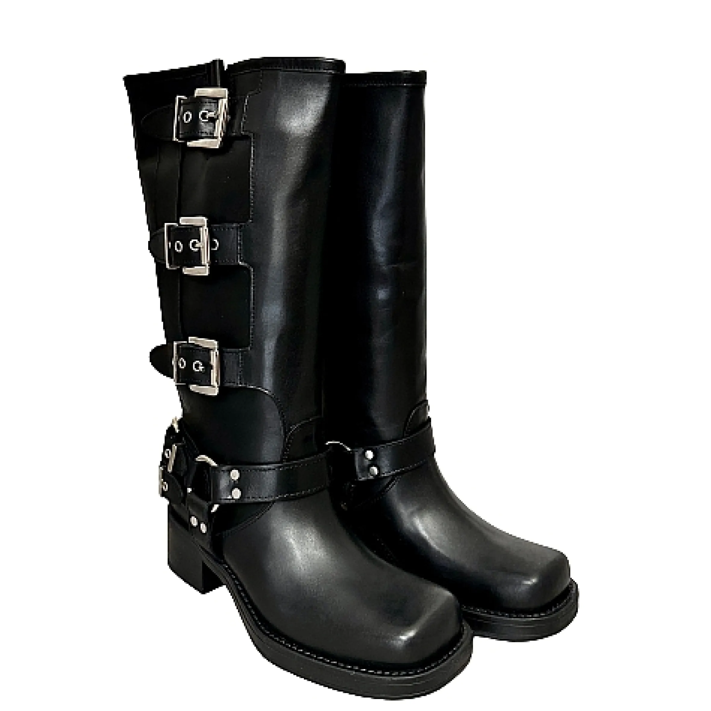 Scarpe di Maremma Stivale Biker Con Fibbie E Punta Squadrata Nero Pfv*Donna Stivali