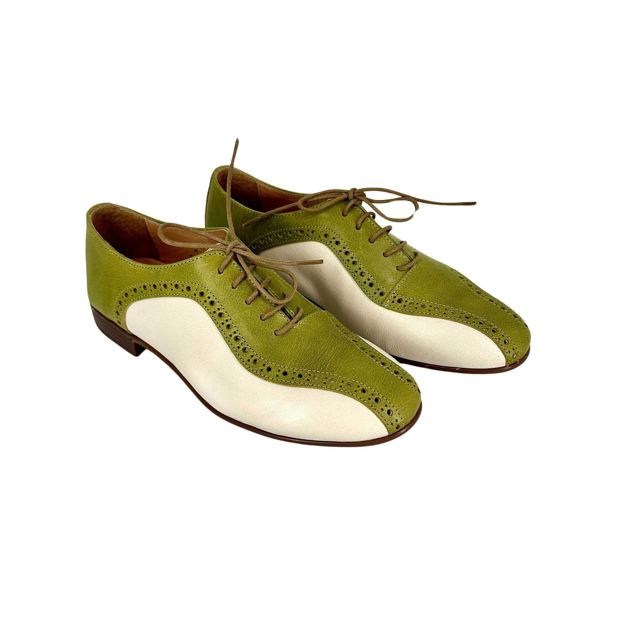 Scarpe di Maremma Stringata Artigianale In Pelle Tuffata Verde E Bianco Sporco*Donna Scarpe Stringate
