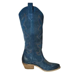 Scarpe di Maremma Texano Artigianale In Camoscio Laserato Blu Alto*Donna Stivali