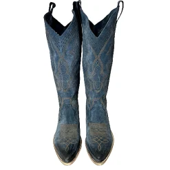 Scarpe di Maremma Texano Artigianale In Camoscio Laserato Blu Alto*Donna Stivali