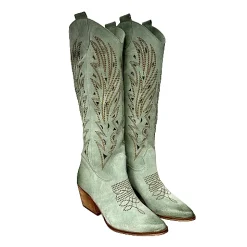 Scarpe di Maremma Texano Artigianale In Camoscio Laserato Salvia Alto*Donna Stivali