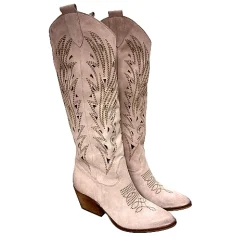Scarpe di Maremma Texano Artigianale In Camoscio Laserato Cipria*Donna Stivali